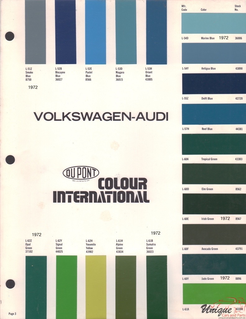 1972 Volkswagen International Paint Charts DuPont 3